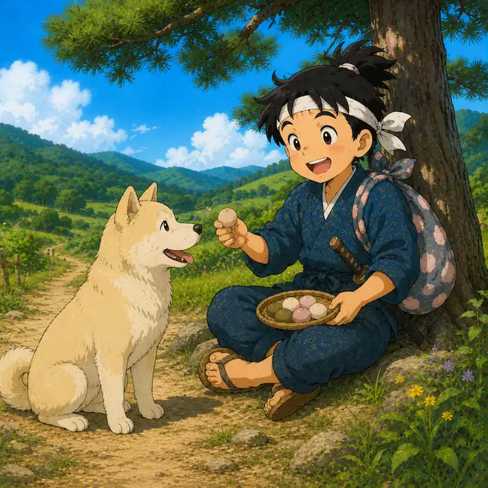 Momotaro: The Peach Boy illustration of Momotaro offering kibidango to a loyal cream-colored dog under a pine tree.