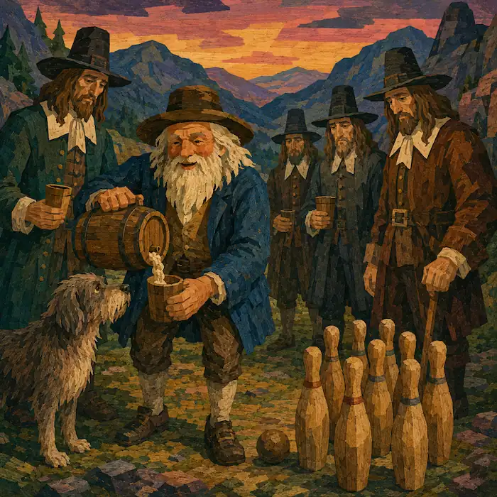 Rip Van Winkle pours a strange mountain drink from a wooden keg while silent Dutchmen stand nearby with ninepins beside them.