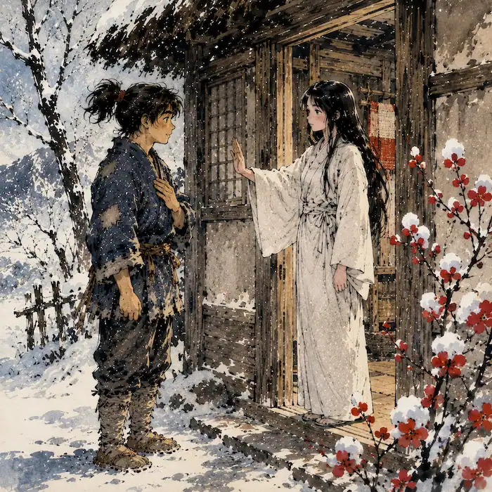 Yuki asking Haru to promise never to look inside the weaving room in The Grateful Crane