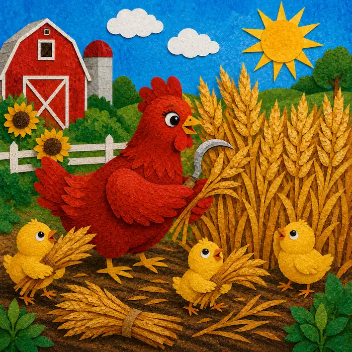 The Little Red Hen harvesting golden wheat with a sickle while her chicks help