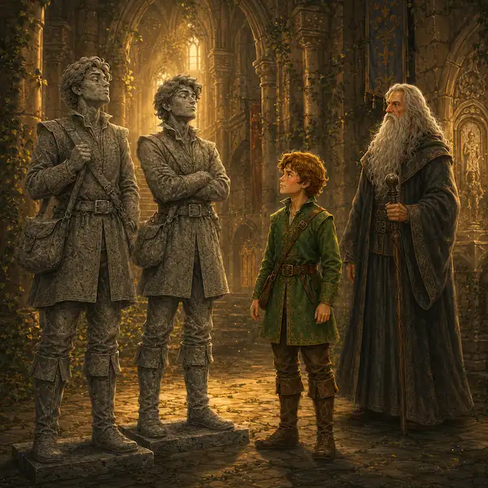 The youngest prince stands beside his two older brothers after they are turned to stone inside the enchanted castle.