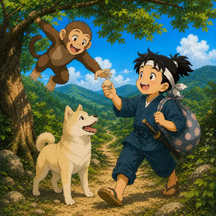 Momotaro: The Peach Boy scene with Momotaro and the dog meeting a lively monkey on a forest path in Japan.