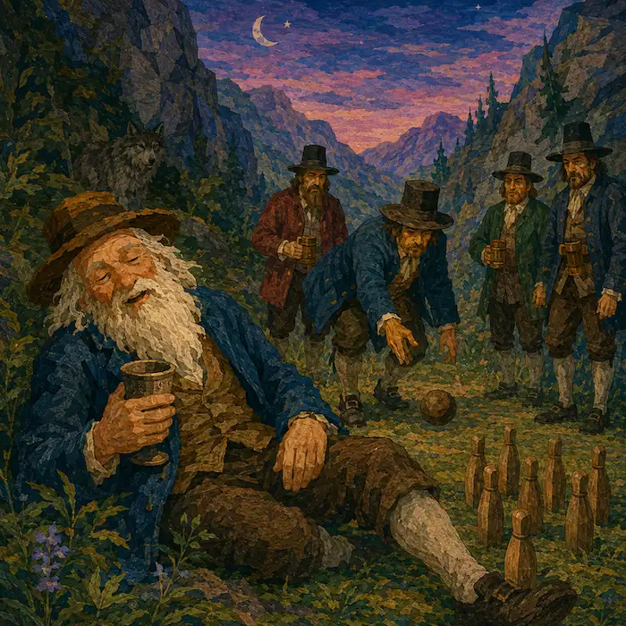Rip Van Winkle falls asleep beside a cup in the moonlit mountains while the mysterious Dutchmen continue their ninepins game nearby.