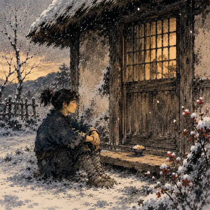 Haru sitting outside the closed weaving room while Yuki works at the loom inside
