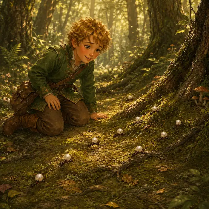 Ants help the youngest prince find a thousand pearls scattered through the moss in the forest.