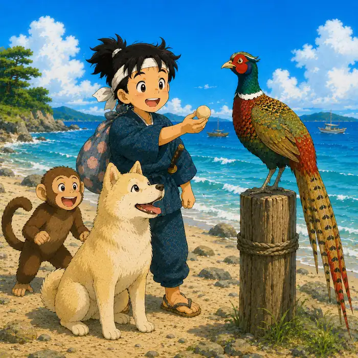 Momotaro: The Peach Boy Japanese folk tale image of Momotaro offering kibidango to a colorful pheasant by the sea.