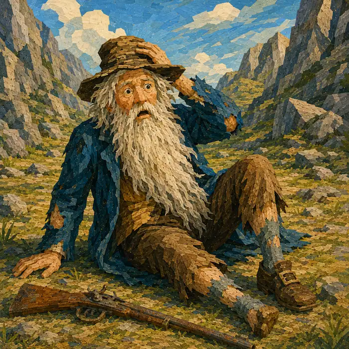 Rip Van Winkle wakes in a rocky mountain hollow with a long gray beard, torn clothes and a rusty musket lying beside him.