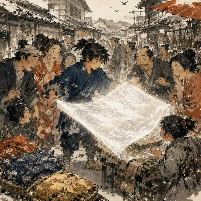 Haru showing Yuki’s glowing woven cloth to amazed merchants in a busy Japanese market