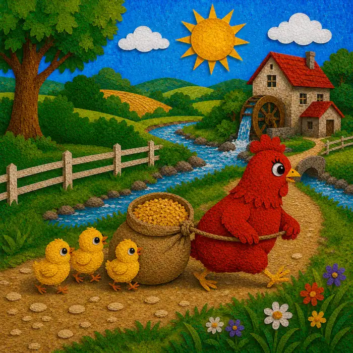 The Little Red Hen dragging a sack of grain toward the mill with her chicks behind her