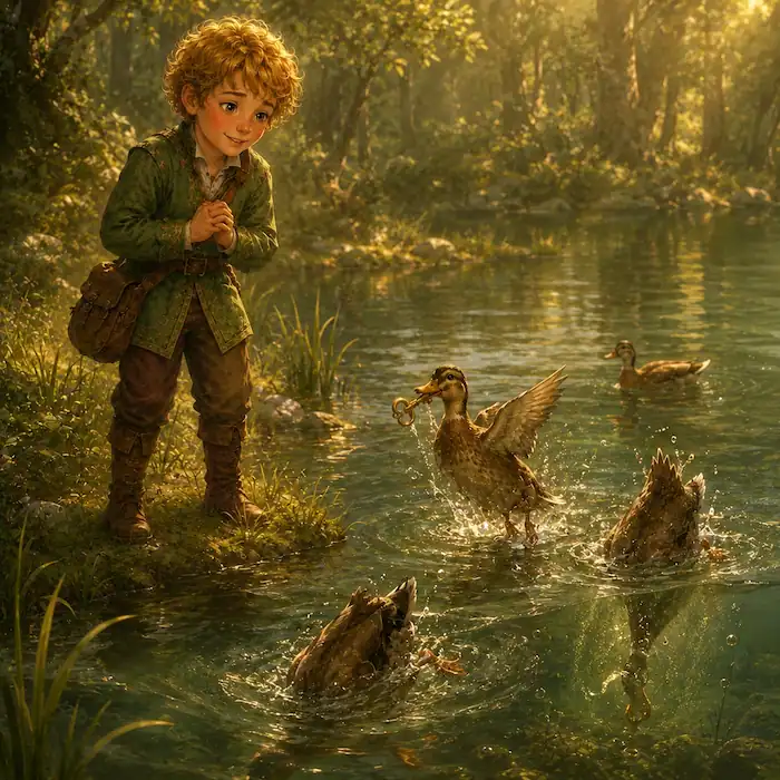 Ducks bring a golden key from the bottom of the lake to help the youngest prince complete the second task.