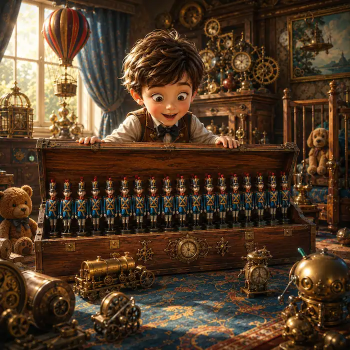 Boy opening a wooden birthday box filled with twenty-five tin soldiers in a Victorian steampunk nursery