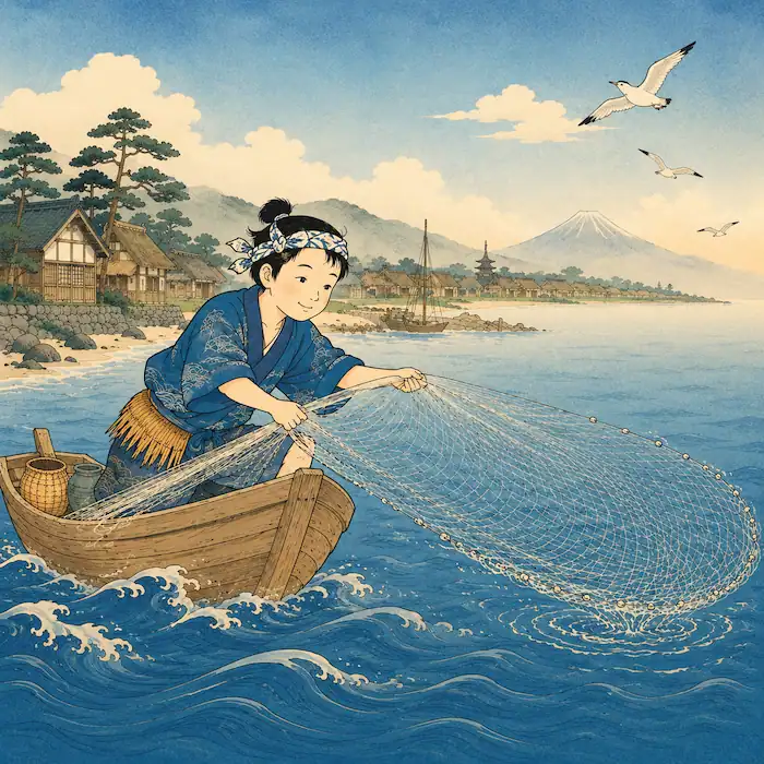 Urashima Tarō casts his fishing net near a Japanese seaside village in this Japanese folk tale.