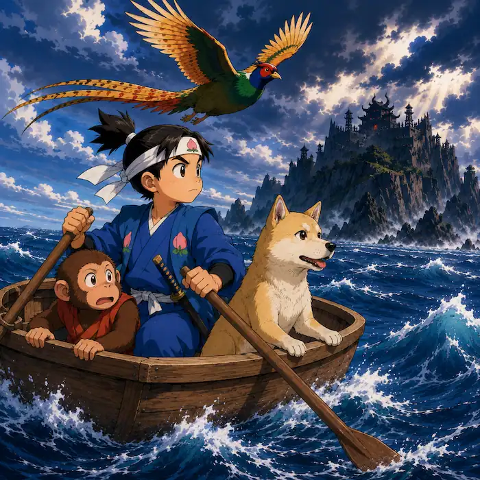 Momotaro: The Peach Boy adventure scene with Momotaro, dog, monkey and pheasant travelling by boat to Ogre Island.