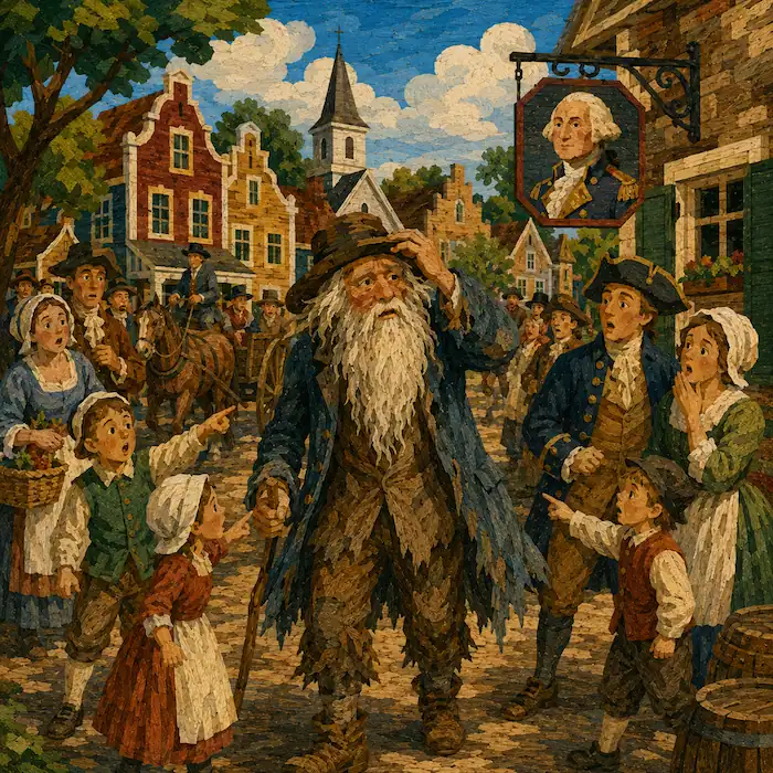 An older Rip Van Winkle returns to a changed village where surprised children and townspeople stare at his long beard and worn clothes.