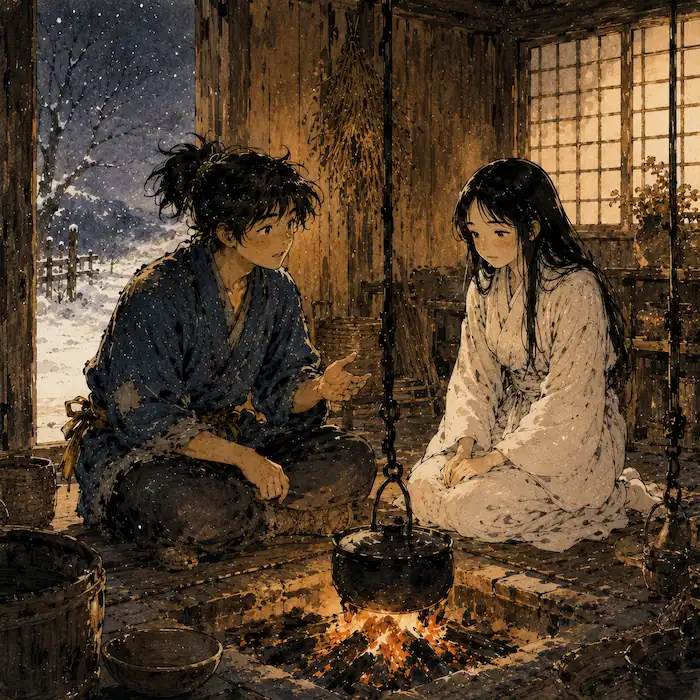 Haru and Yuki sitting by the hearth as he asks her to weave one more cloth