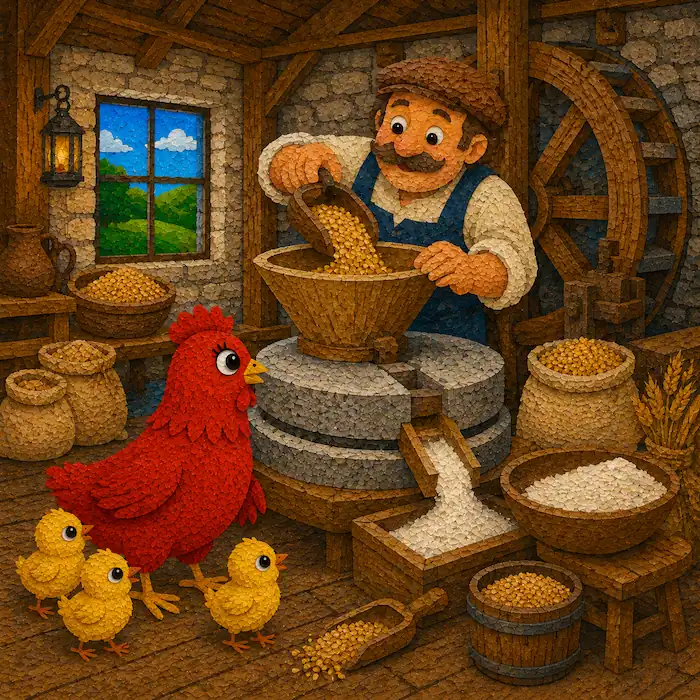 The Little Red Hen watching a miller grind wheat into flour inside a rustic mill