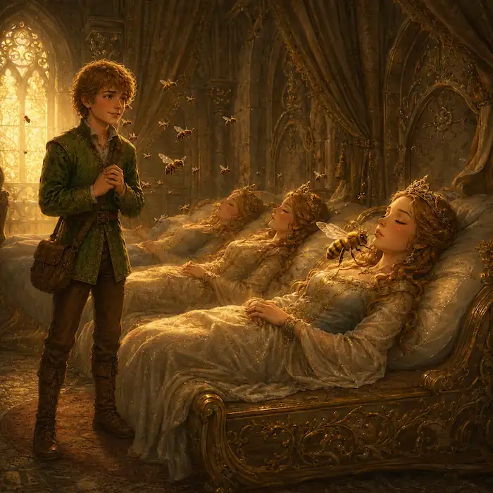 The queen bee settles on the lips of the youngest sleeping princess so the youngest prince can choose correctly.