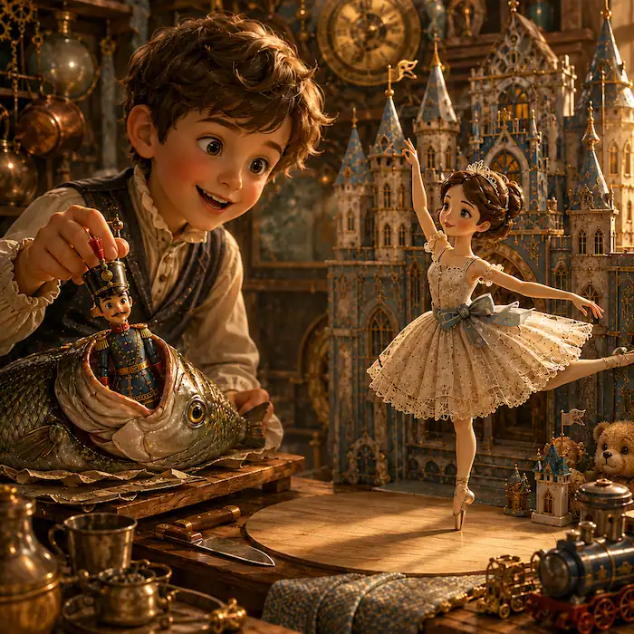 Boy discovering the one-legged tin soldier inside a fish while the paper ballerina waits beside her palace