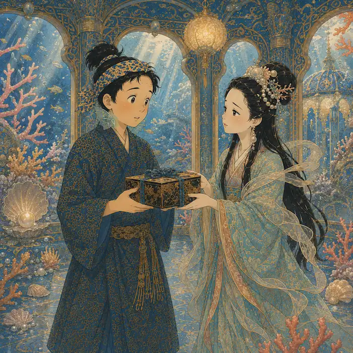 Princess Otohime gives Urashima Tarō the tamatebako box in the underwater palace.