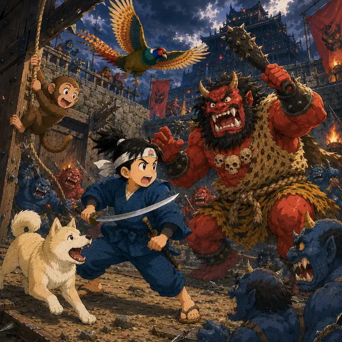 Momotaro: The Peach Boy action scene with Momotaro, dog, monkey and pheasant facing red and blue ogres in a fortress.