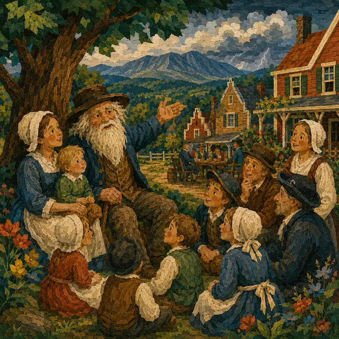 Rip Van Winkle sits beneath a tree telling children and villagers his story as the Catskill Mountains rise behind the village.