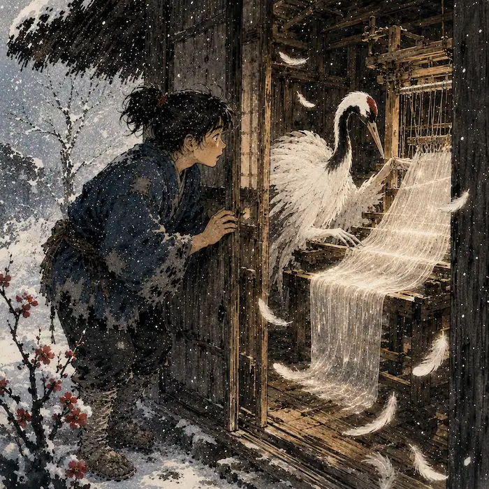 Haru peeking into the weaving room and seeing a white crane weaving with its own feathers