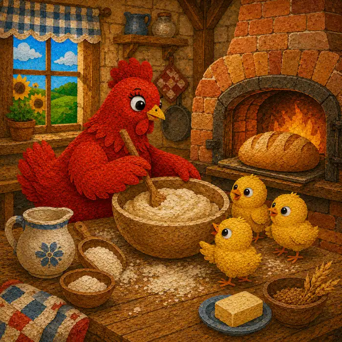 The Little Red Hen stirring dough in a cozy kitchen while her chicks watch