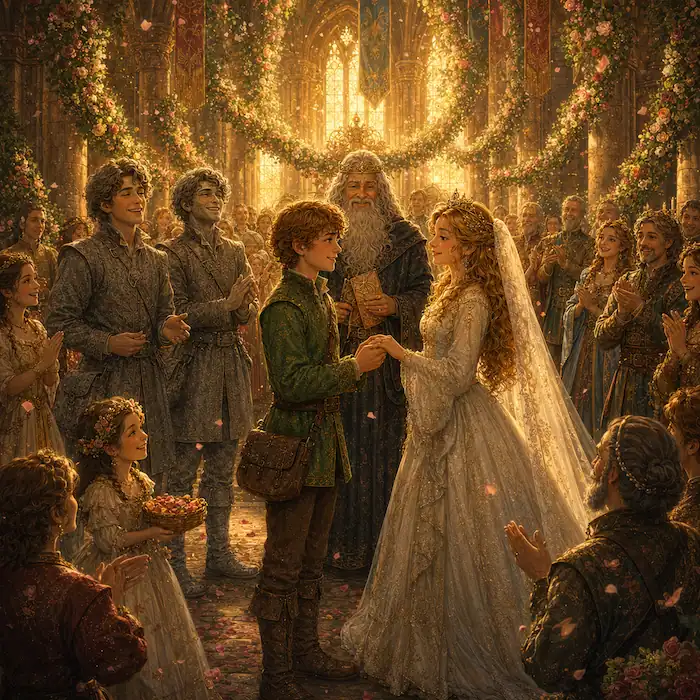The youngest prince and princess marry as the enchanted castle wakes and his stone brothers return to life.