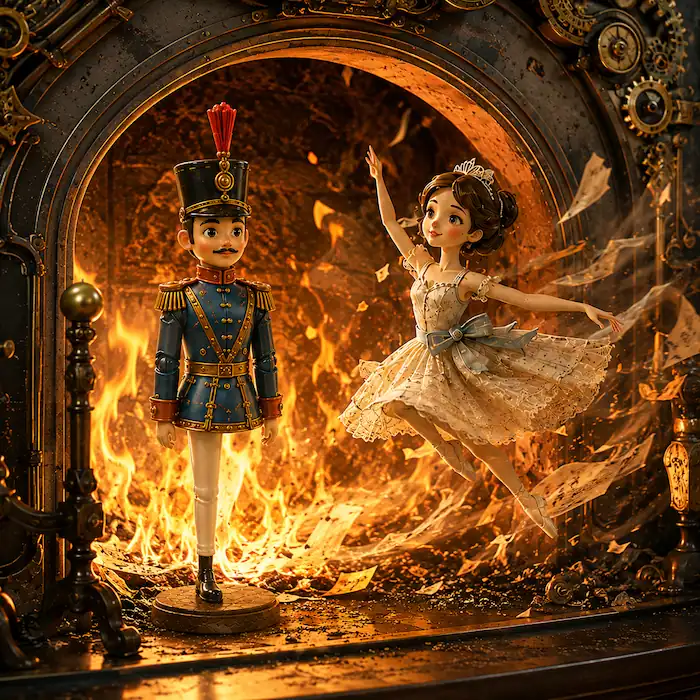 The one-legged tin soldier standing bravely in the glowing fireplace as the paper ballerina is swept into the flames beside him