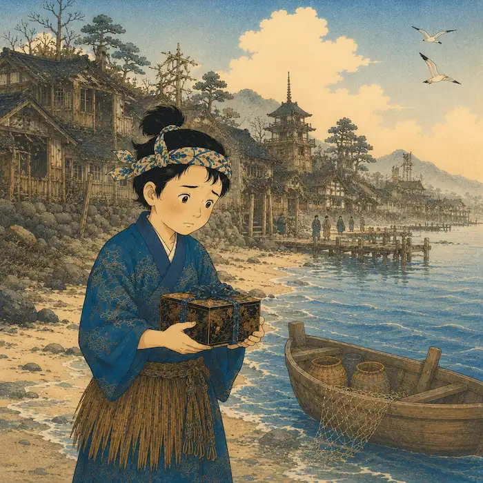 Urashima Tarō returns to shore holding the tamatebako and finds his village changed.