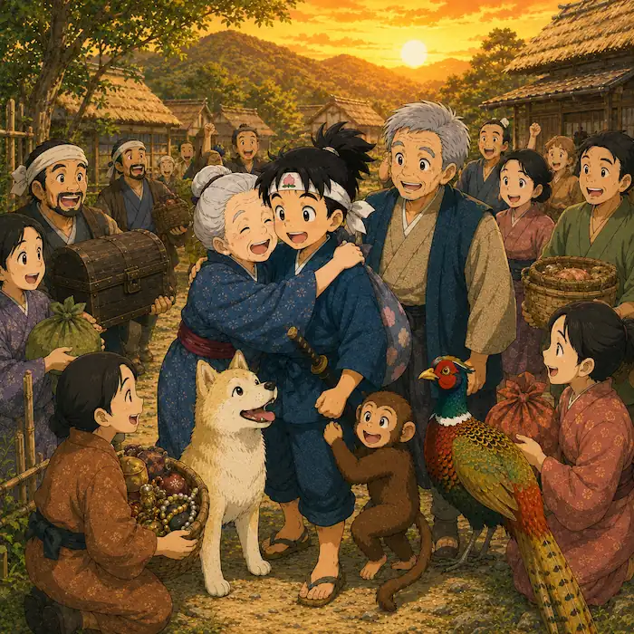 Momotaro: The Peach Boy ending scene with Momotaro returning home as villagers receive their stolen treasures.