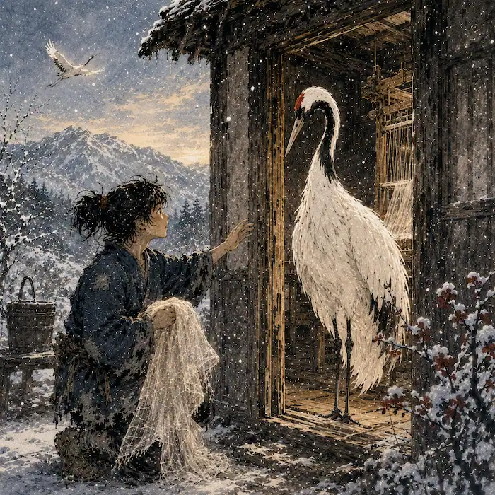 Haru holding the final cloth as the crane prepares to leave in The Grateful Crane Japanese folk tale