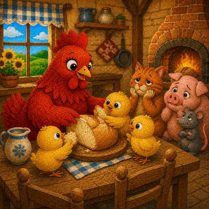 The Little Red Hen sharing fresh bread with her chicks while the cat, pig and rat look disappointed
