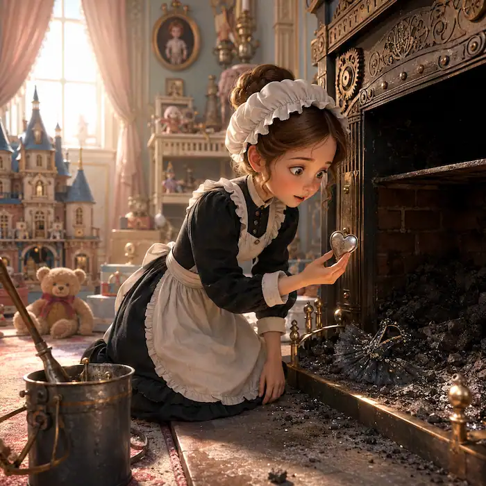 Maid discovering a tiny tin heart in the ashes beside the ballerina’s blackened spangle the next morning