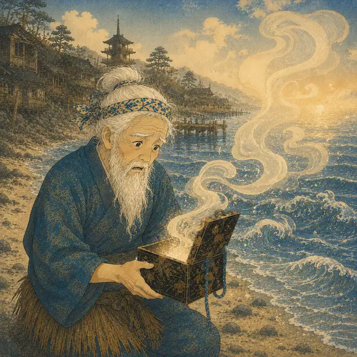 Urashima Tarō opens the tamatebako as white smoke turns him into an old man.