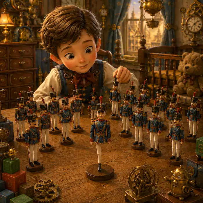 The Steadfast Tin Soldier standing on one leg among the other toy soldiers as the boy arranges them on the nursery table