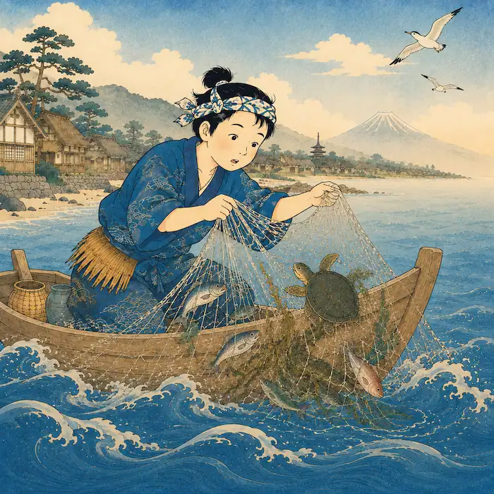 Urashima Tarō finds a small turtle tangled in his fishing net beside the shore.