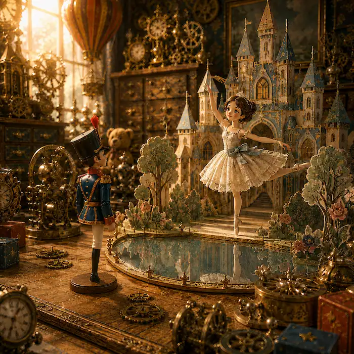 One-legged tin soldier looking across the toy nursery table at the paper ballerina by her palace