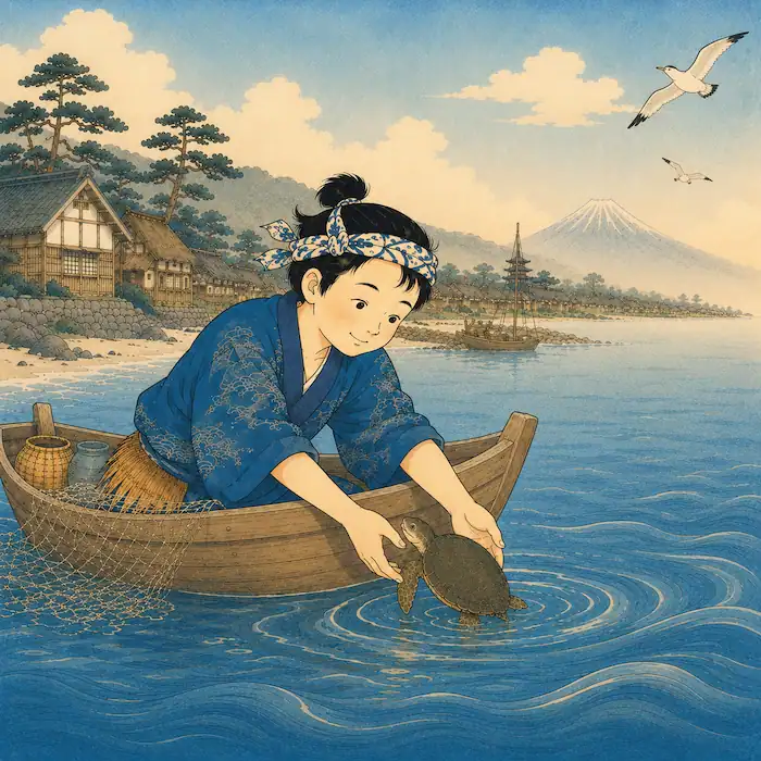 Urashima Tarō gently releases the small turtle back into the sea.