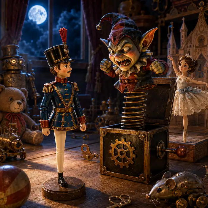 Jack-in-the-box goblin glaring at the one-legged tin soldier while the paper ballerina stands by her palace in the moonlit nursery