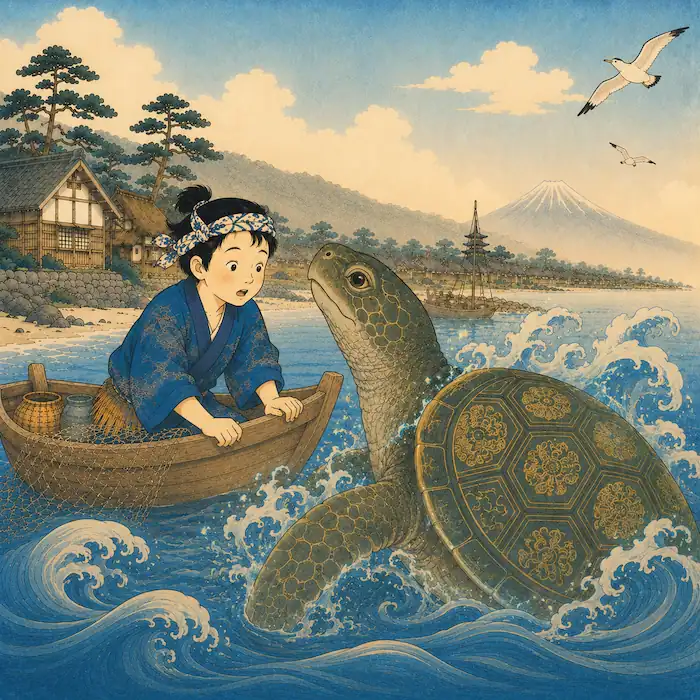 A huge magical turtle rises beside Urashima Tarō’s boat in the Japanese legend.
