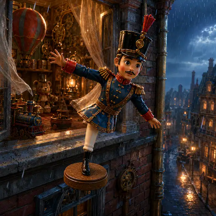 The Steadfast Tin Soldier falling from the open nursery window into the rainy Victorian street below