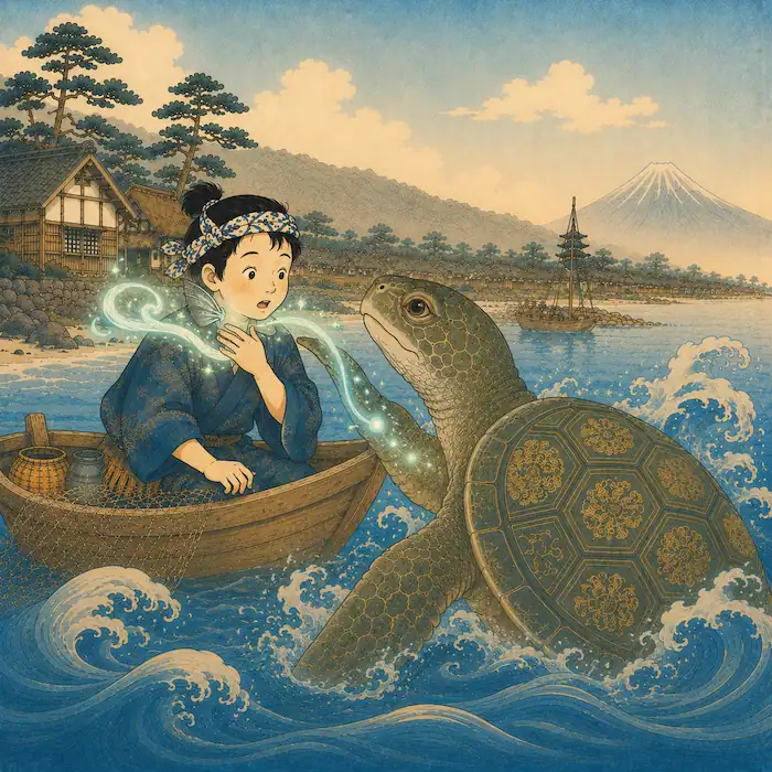 The great turtle gives Urashima Tarō magical gills so he can breathe underwater.