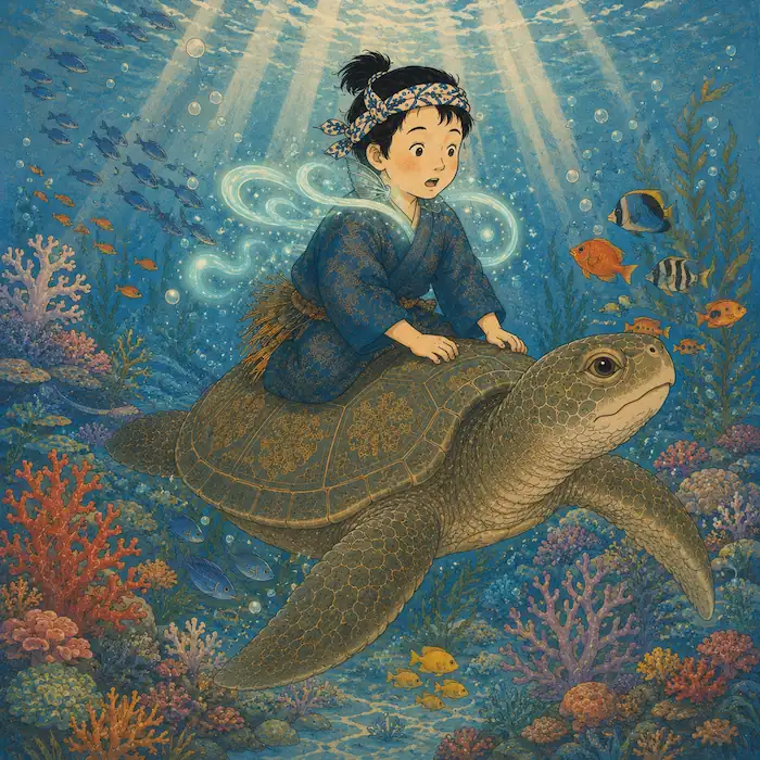 Urashima Tarō rides the great turtle through coral gardens under the sea.