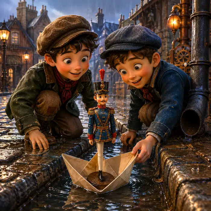 Two street boys placing the one-legged tin soldier into a folded paper boat in a rain-filled gutter