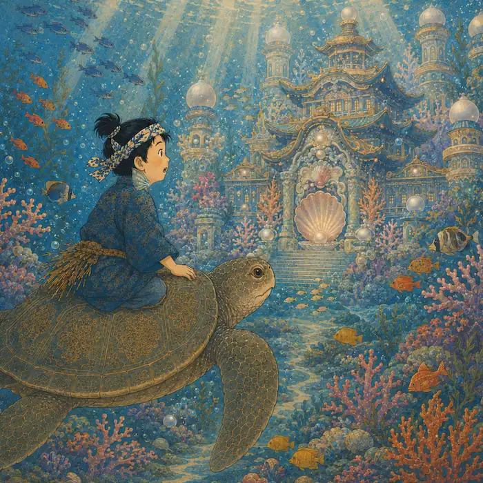 Urashima Tarō sees Ryūgū-jō, the Palace of the Dragon God, beneath the sea.