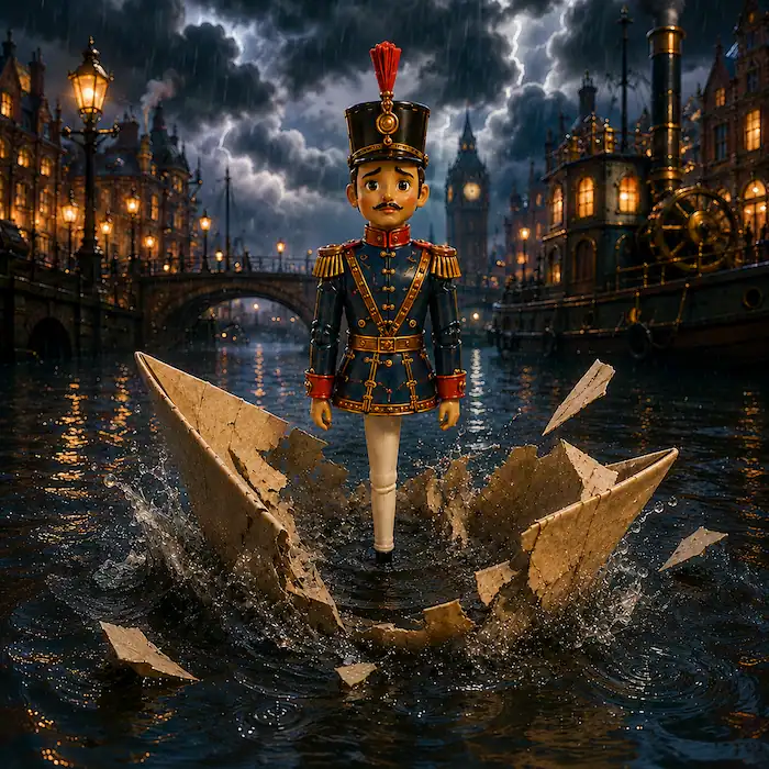 The anxious but brave one-legged tin soldier standing in a broken paper boat in a stormy Victorian canal