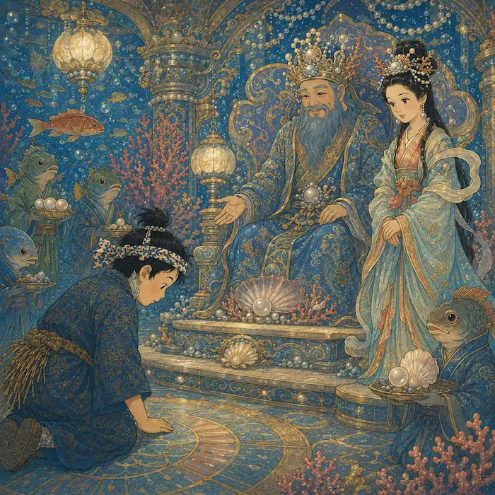 Urashima Tarō bows before Ryūjin and Princess Otohime in the underwater palace.
