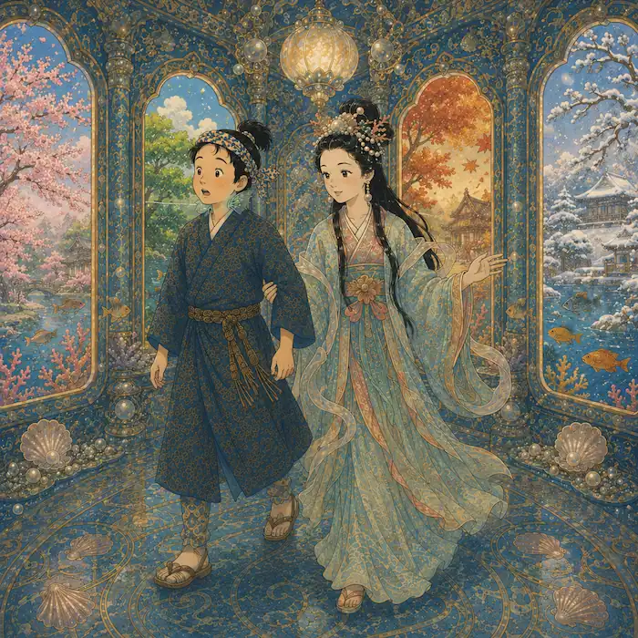 Princess Otohime shows Urashima Tarō the four seasons inside Ryūgū-jō.