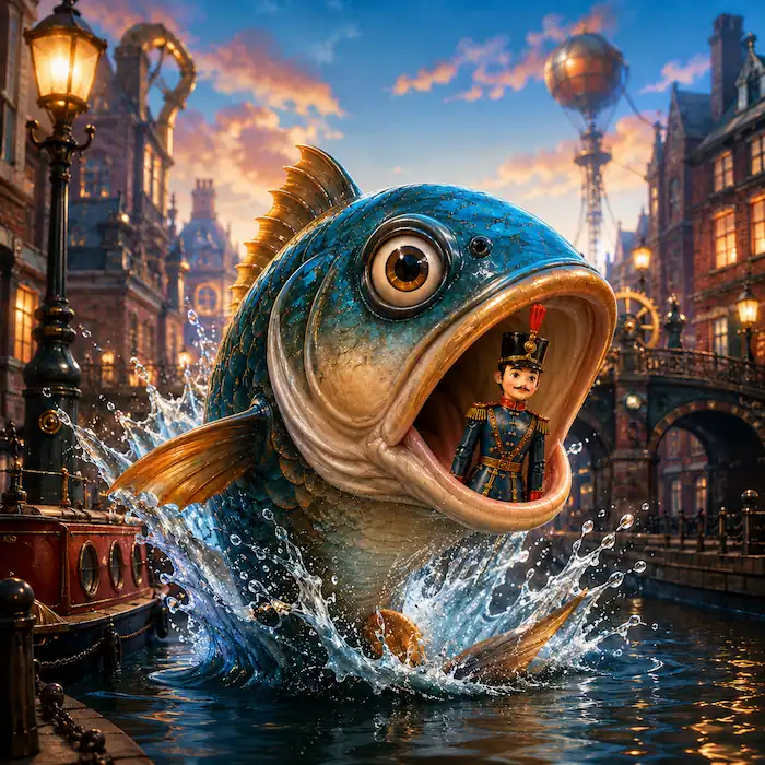 The Steadfast Tin Soldier partly inside a large fish’s mouth as it leaps from the canal with water splashing around them